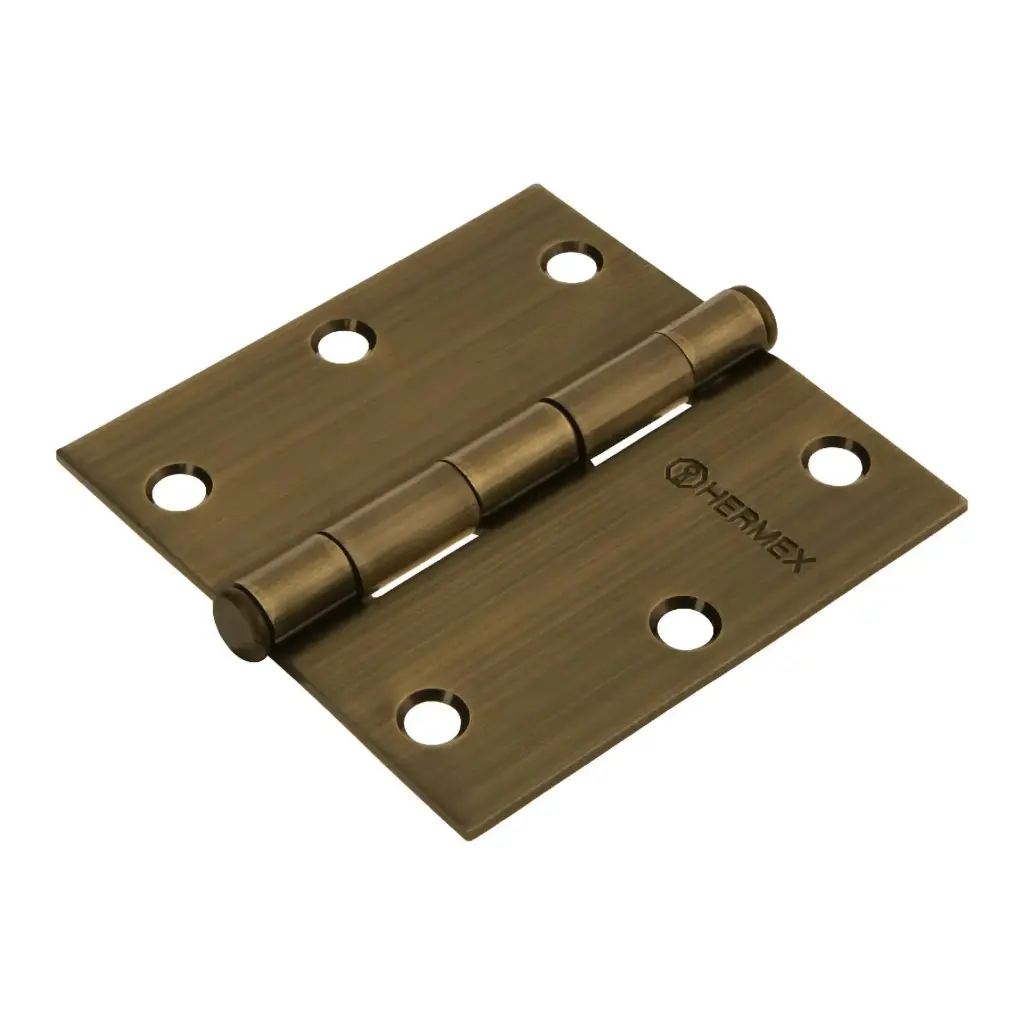 Bisagra cuadrada 3-1/2", acero latonado antiguo, plana, Hermex