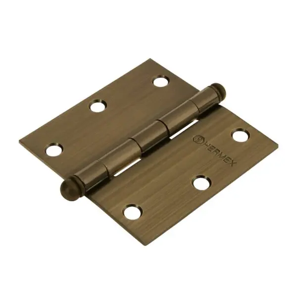 Bisagra cuadrada 3-1/2", acero latonado antiguo, redonda, Hermex