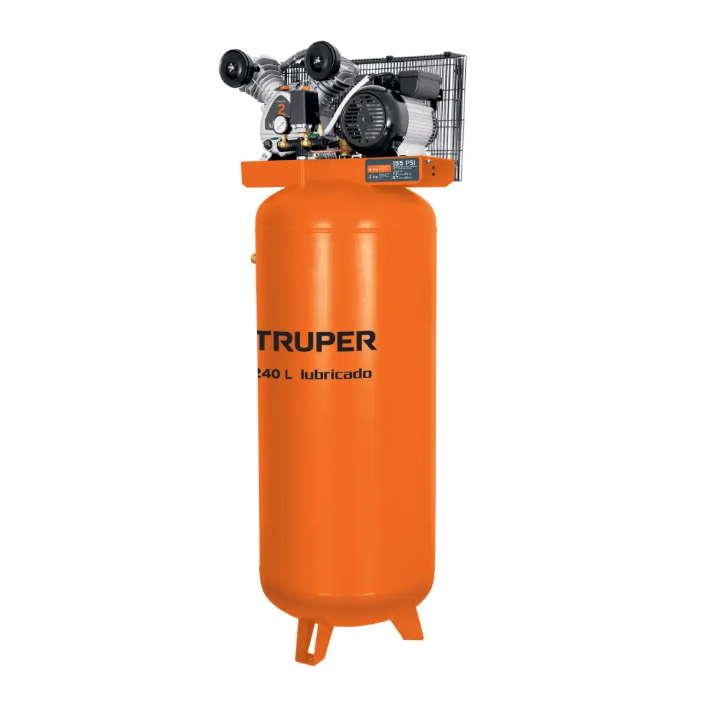 Compresora vertical lubricada de banda 3HP 5.7 CFM Pot Max 4 HP, 240 L, Truper