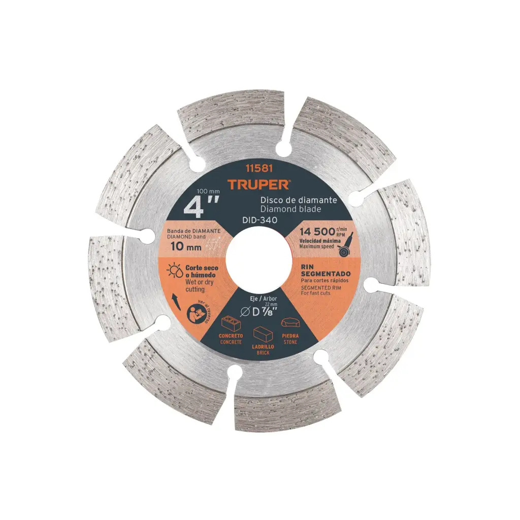 Disco diamantado segmentado, corte rapido 4", Truper