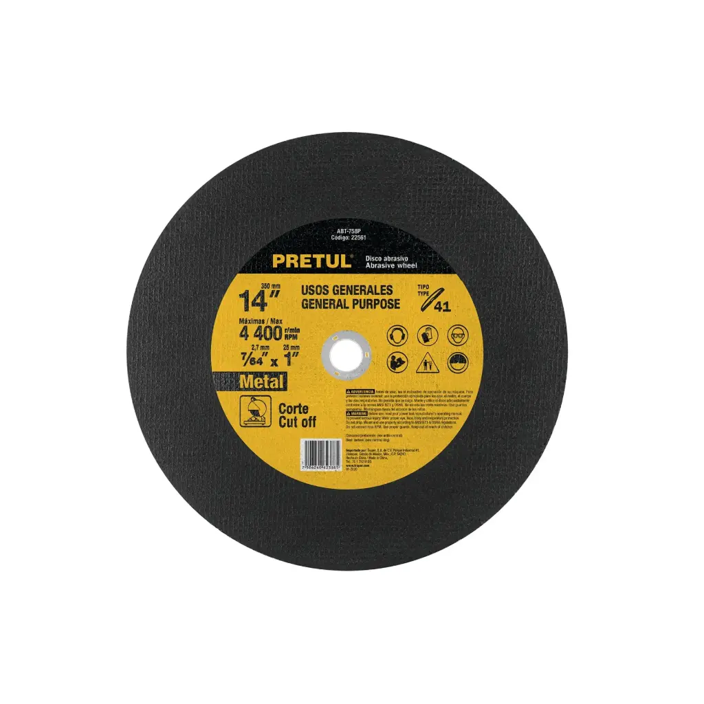 Disco para corte de metal 14", para maquina cortador de metales, uso general, Pretul