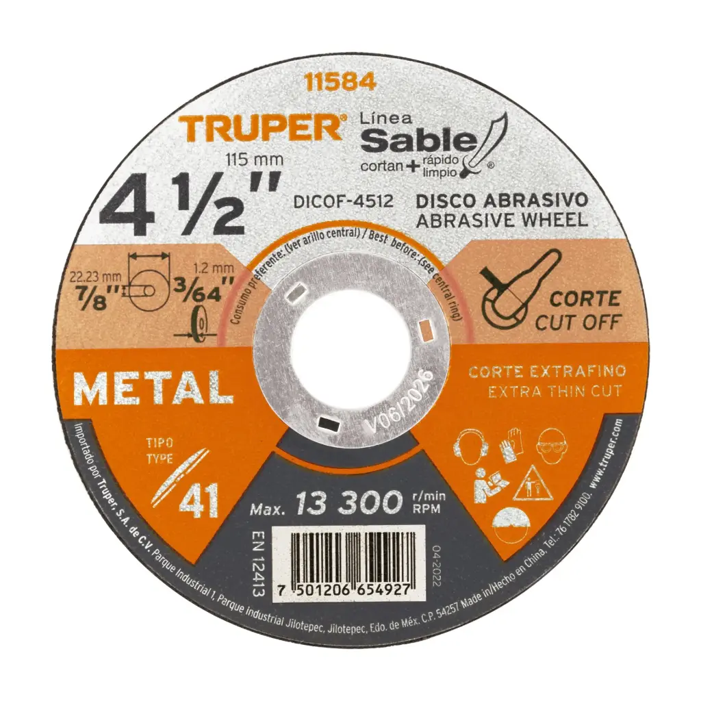 Disco para corte extrafino de metal, alto rendimiento 4 1/2" , diametro 1.2 mm, Truper