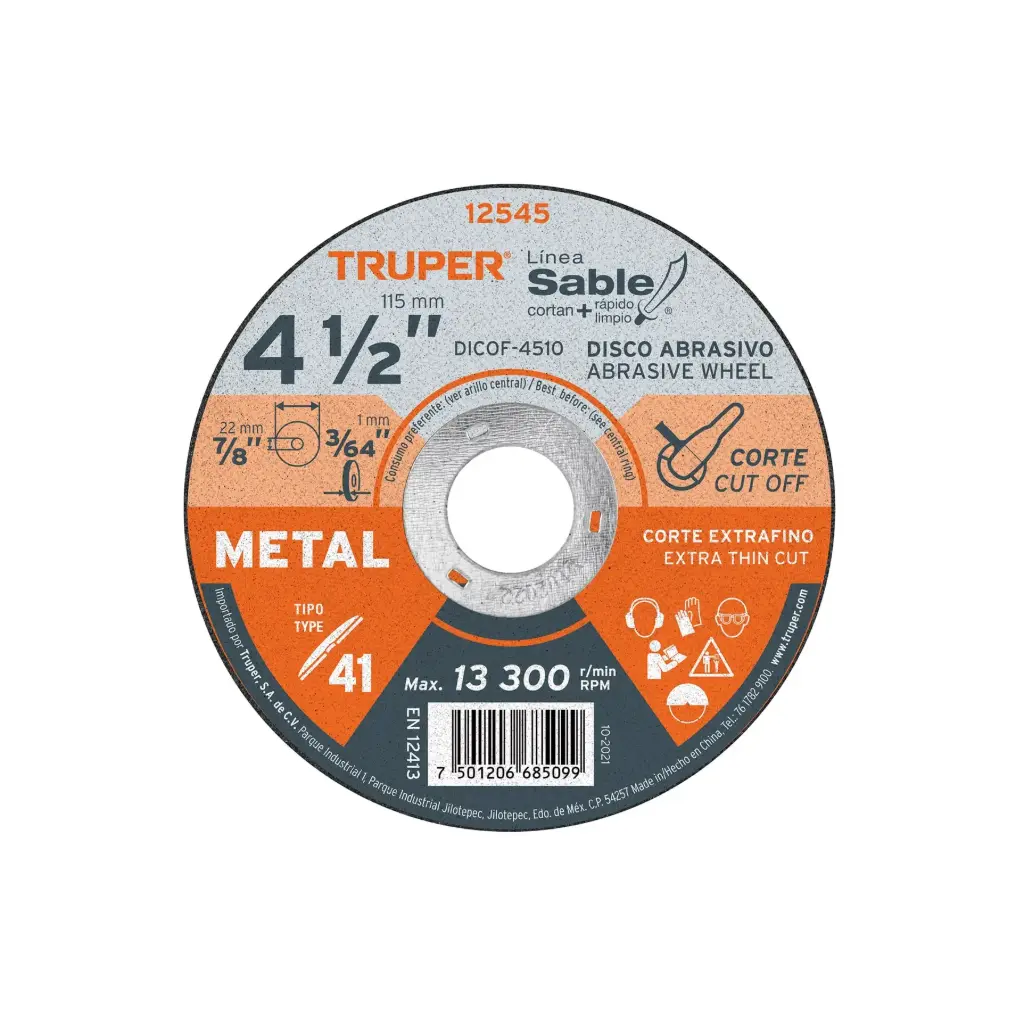 Disco para corte extrafino de metal, alto rendimiento 4 1/2" , diametro 1 mm, Truper