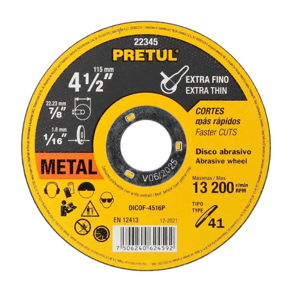 Disco para corte extrafino de metal, uso general, 4 1/2", diametro 1.6 mm, Pretul