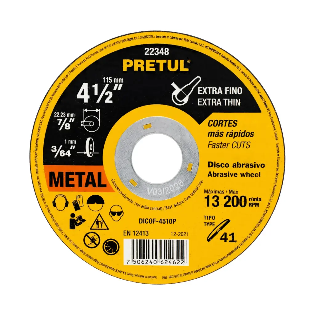 Disco para corte extrafino de metal, uso general, 4 1/2", diametro 1 mm, Pretul