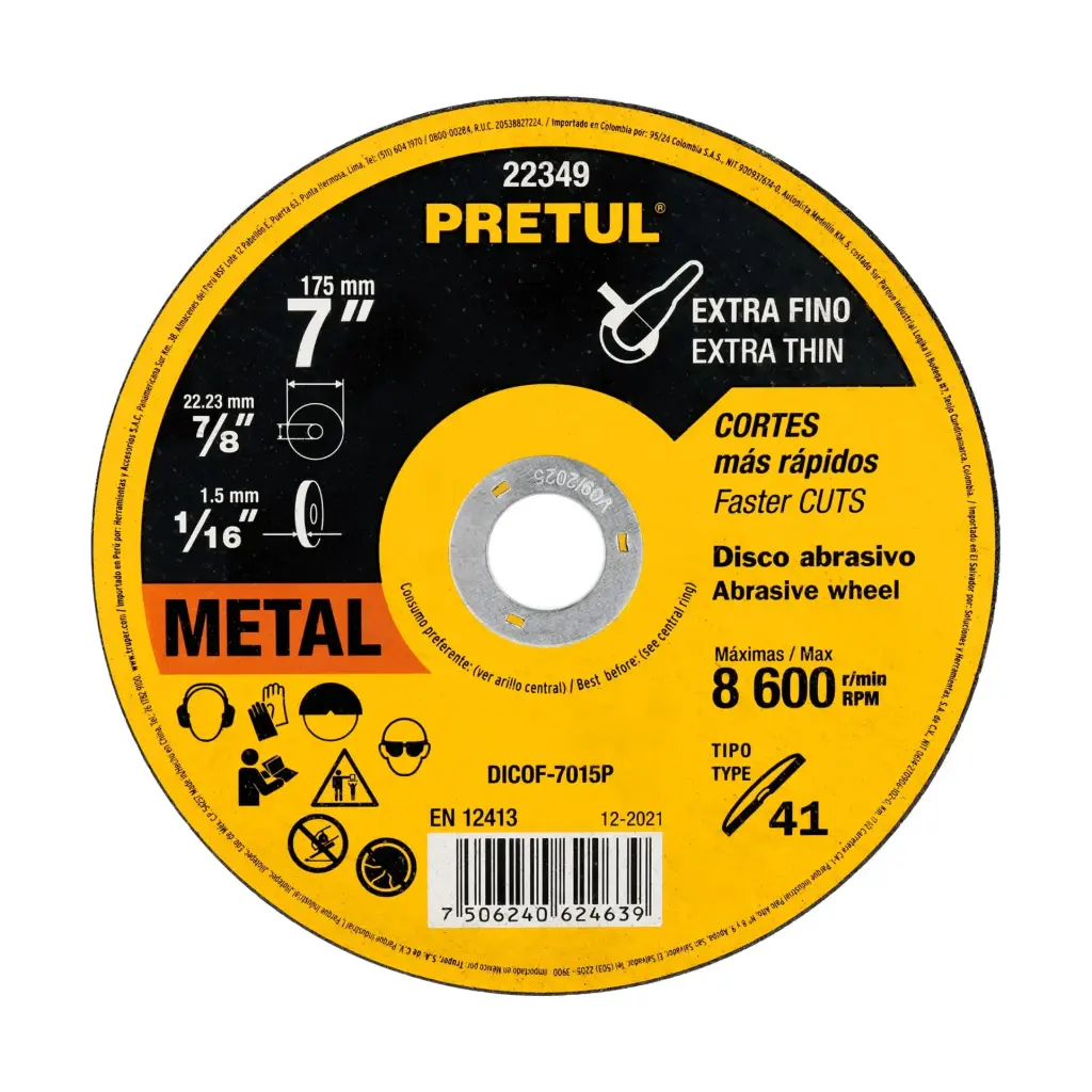 Disco para corte extrafino de metal, uso general, 7", diametro 1.5 mm, Pretul