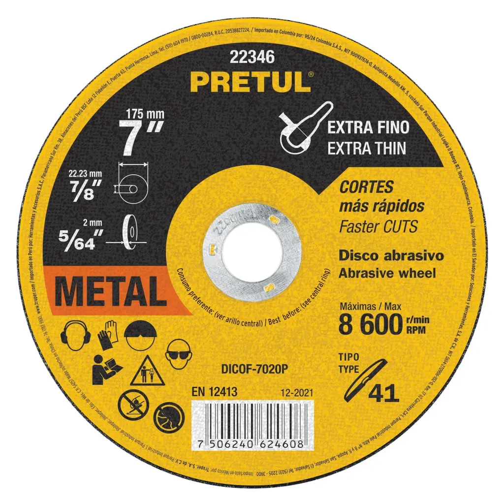 Disco para corte extrafino de metal, uso general, 7", diametro 1.8 mm, Pretul
