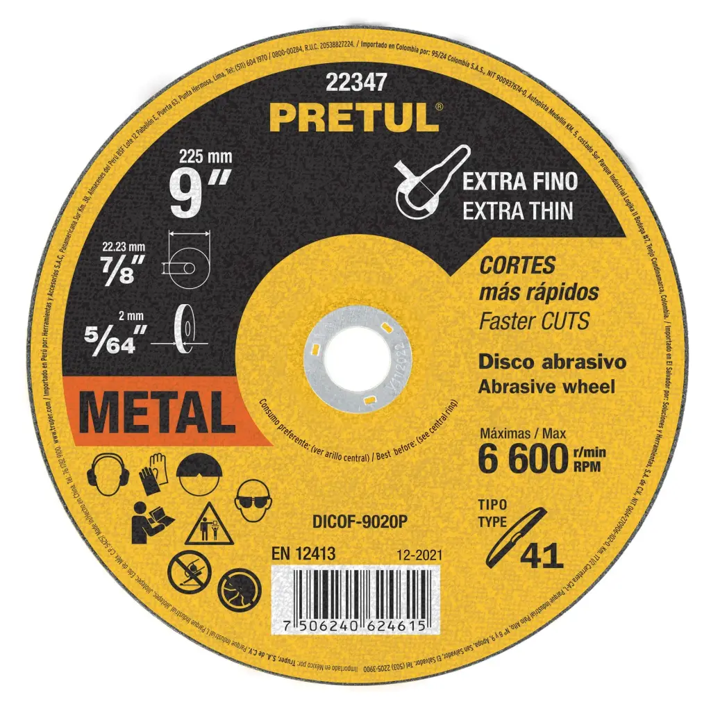 Disco para corte extrafino de metal, uso general, 9", diametro 2 mm, Pretul