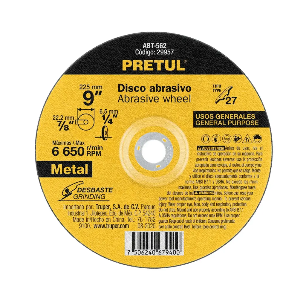 Disco para desbate de metal tipo 27 diametro 9", Pretul