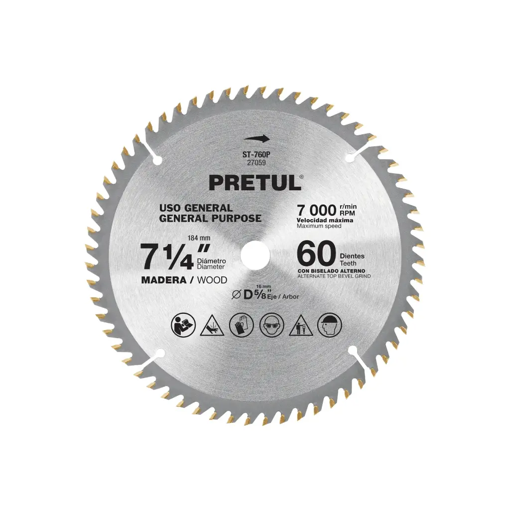 [27059] Sierra circular 7-1/4" p/madera, 60 dientes centro 5/8", Pretul