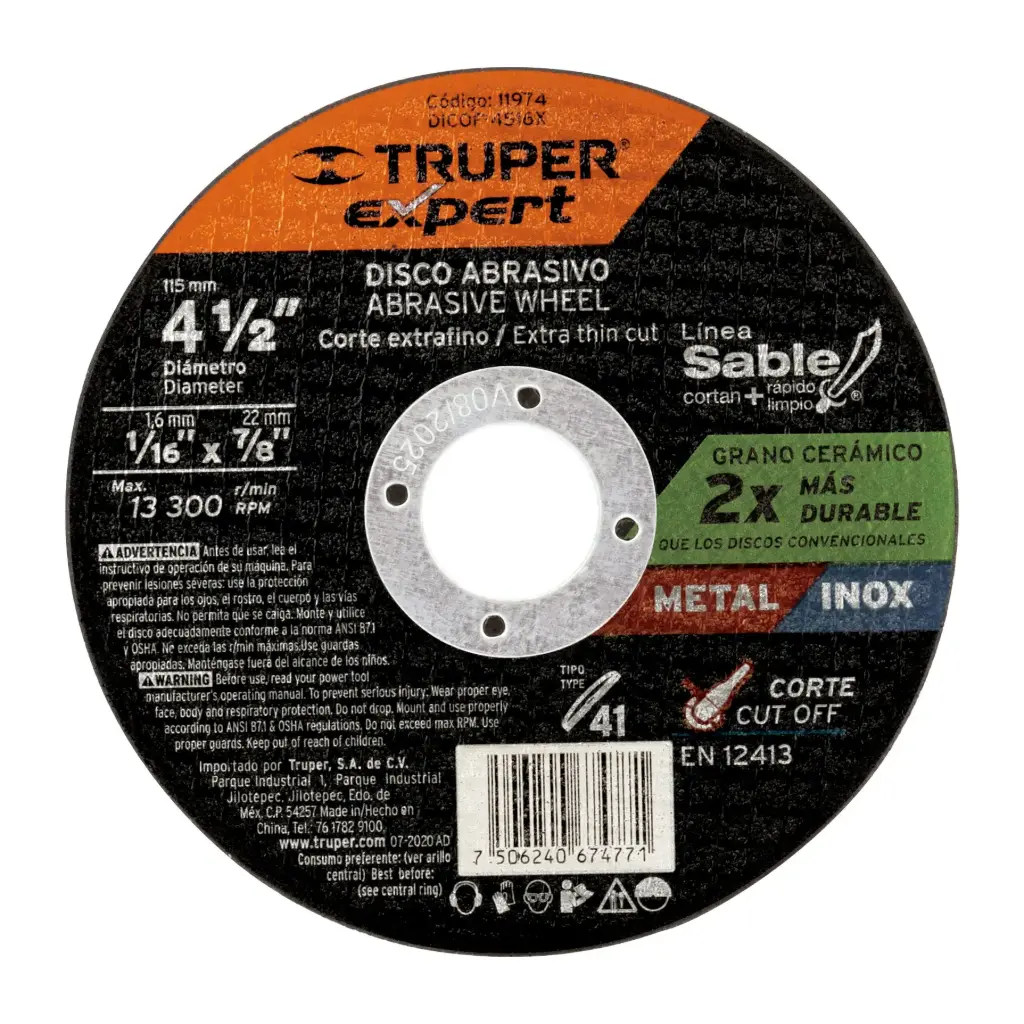 Disco tipo 41, corte metal, Línea Sable 4-1/2", 1.6mm, Truper