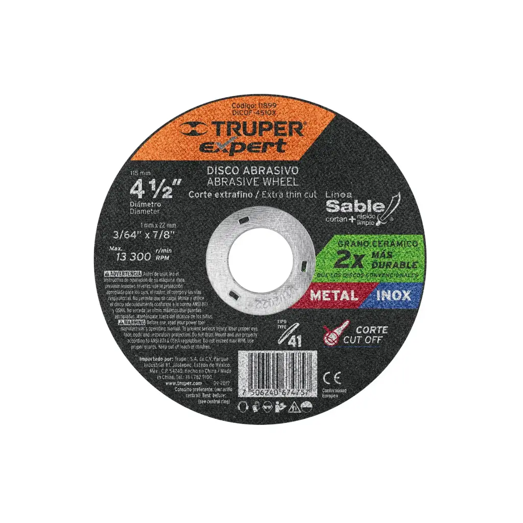 Disco tipo 41, corte metal, Línea Sable 4-1/2", 1mm, Truper