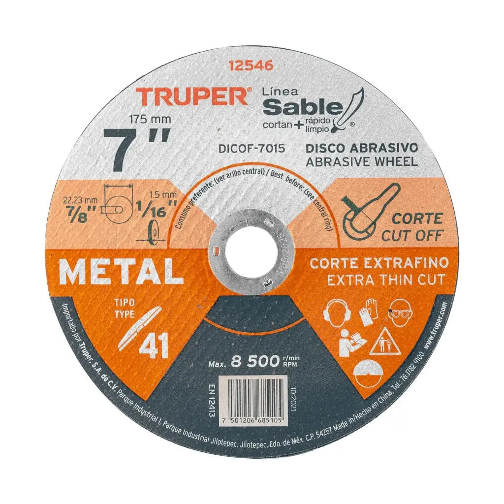 Disco Tipo 41 para corte fino de metal Línea Sable 7", 1.5mm, Truper