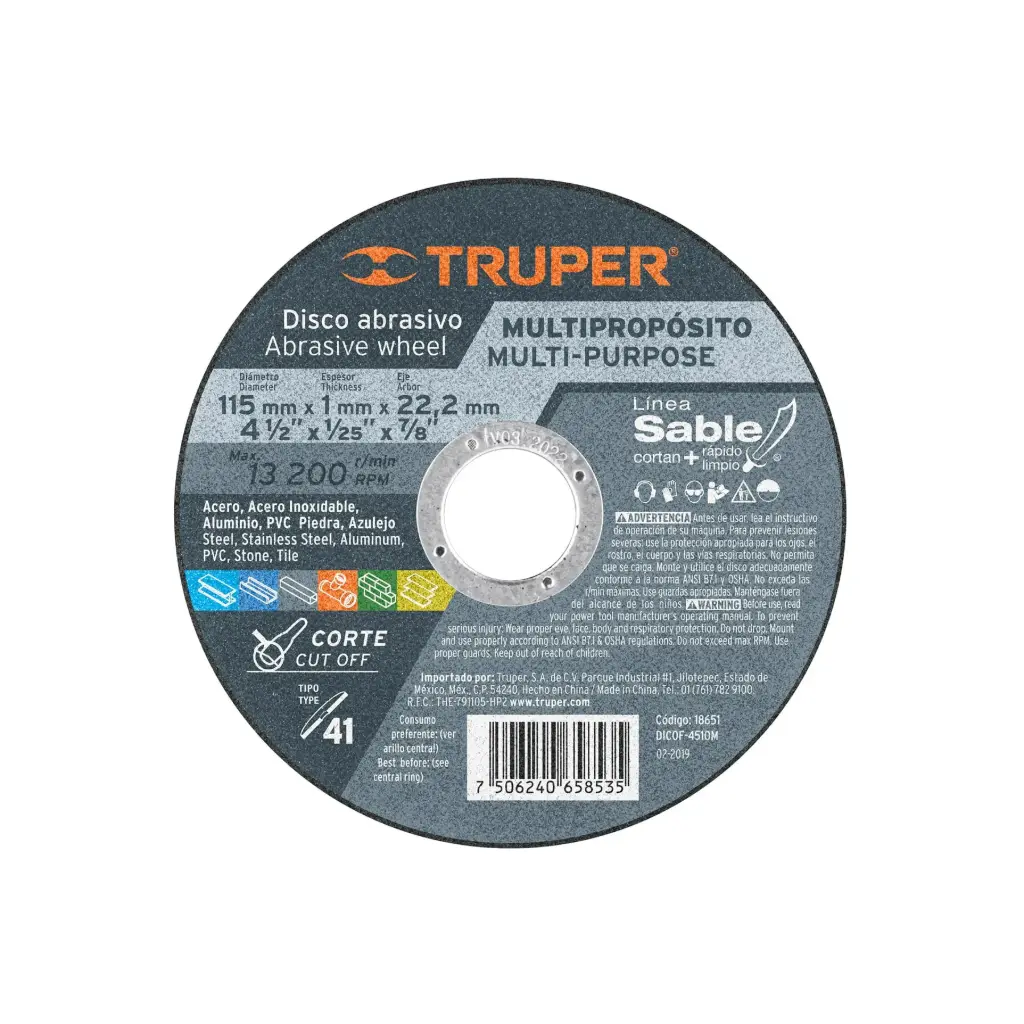 Disco Tipo 41 para corte multipropósito Línea Sable 4-1/2", Truper