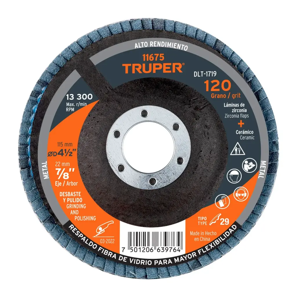 [11675] Disco flap 4-1/2" grano 120 centro 7/8", Truper