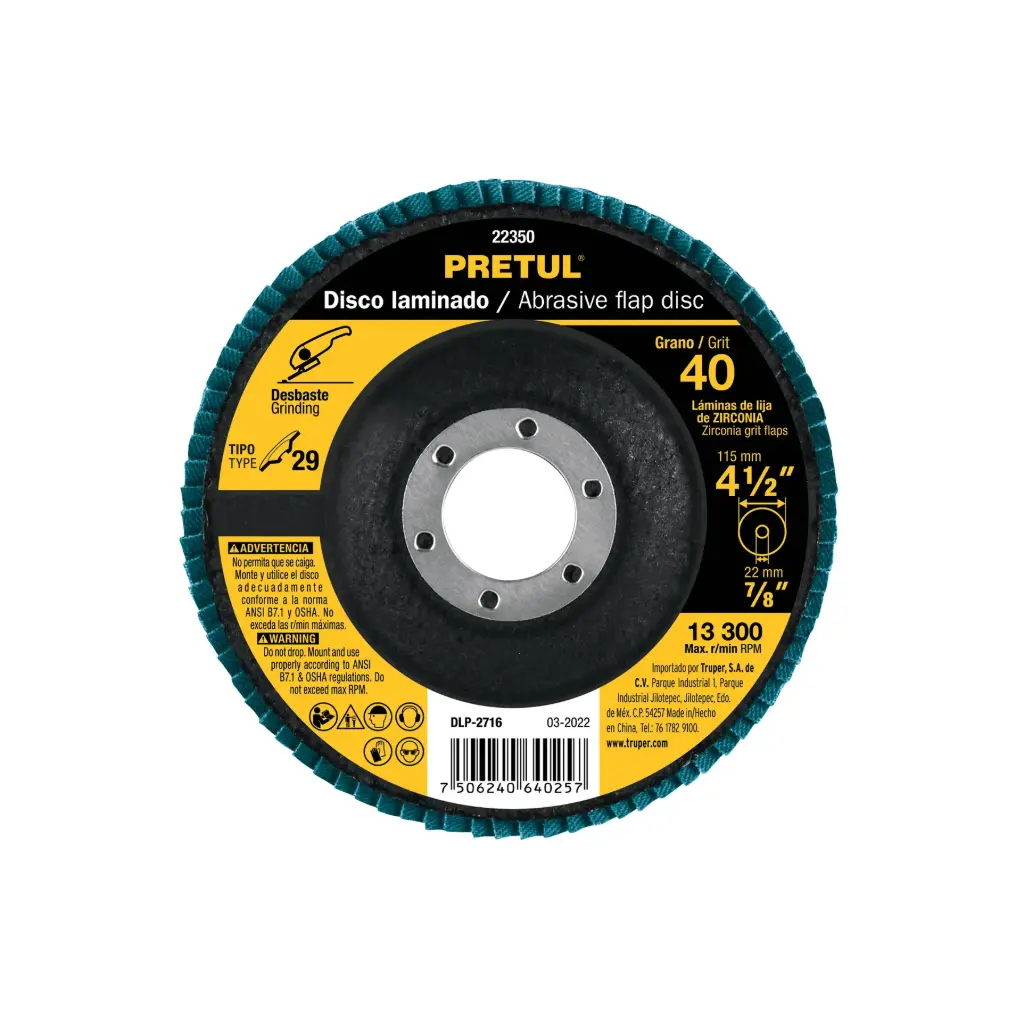 [22350] Disco flap 4-1/2" grano 40 centro 7/8", Pretul