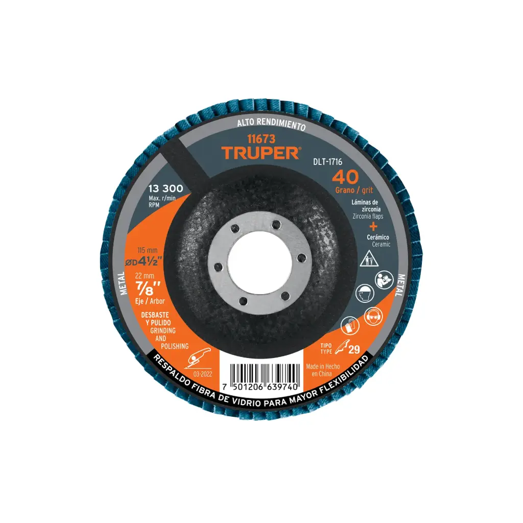 [11673] Disco flap 4-1/2" grano 40 centro 7/8", Truper
