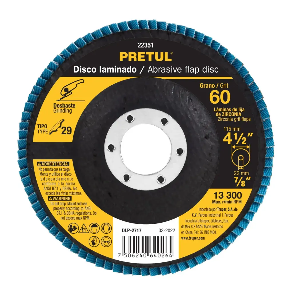 [22351] Disco flap 4-1/2" grano 60 centro 7/8", Pretul