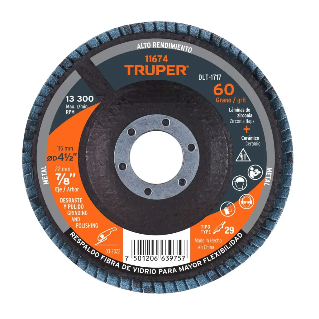 [11674] Disco flap 4-1/2" grano 60 centro 7/8", Truper
