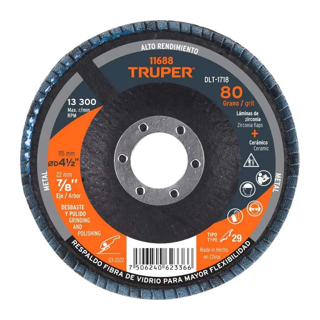 [11688] Disco flap 4-1/2" grano 80 centro 7/8", Truper