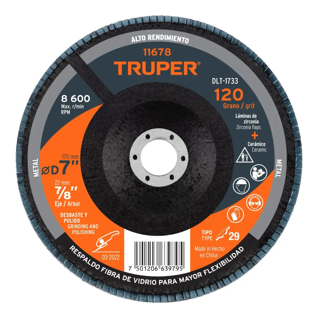 [11678] Disco flap 7" grano 120 centro 7/8", Truper