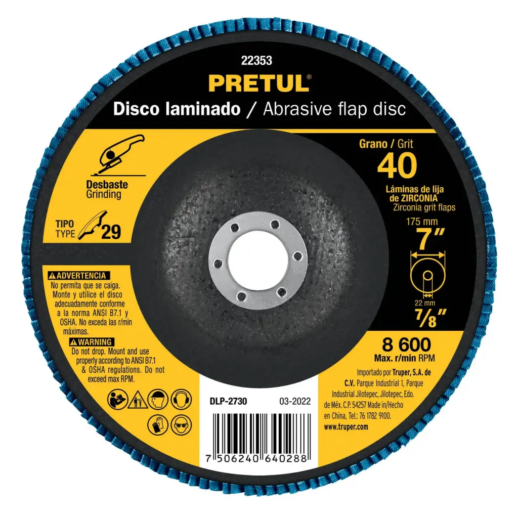[22353] Disco flap 7" grano 40 centro 7/8", Pretul