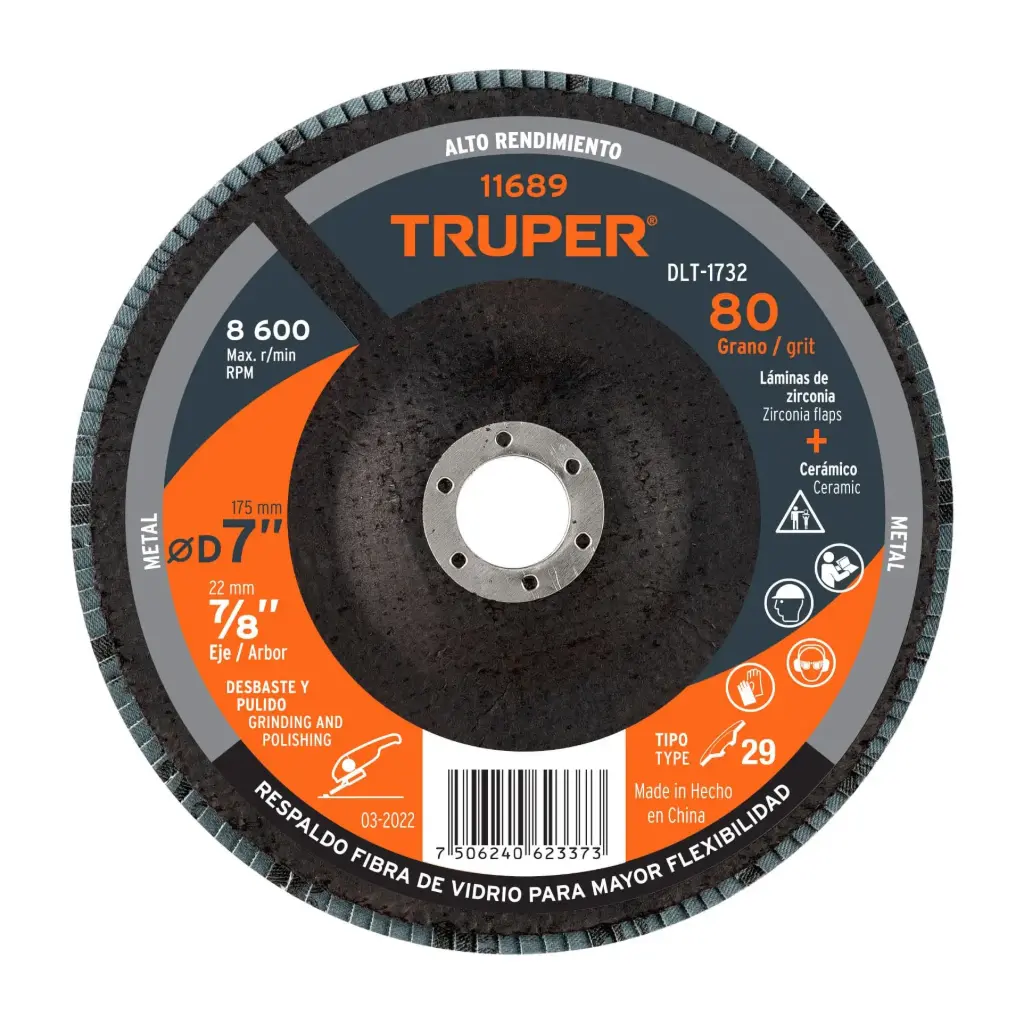 [11689] Disco flap 7" grano 80 centro 7/8", Truper
