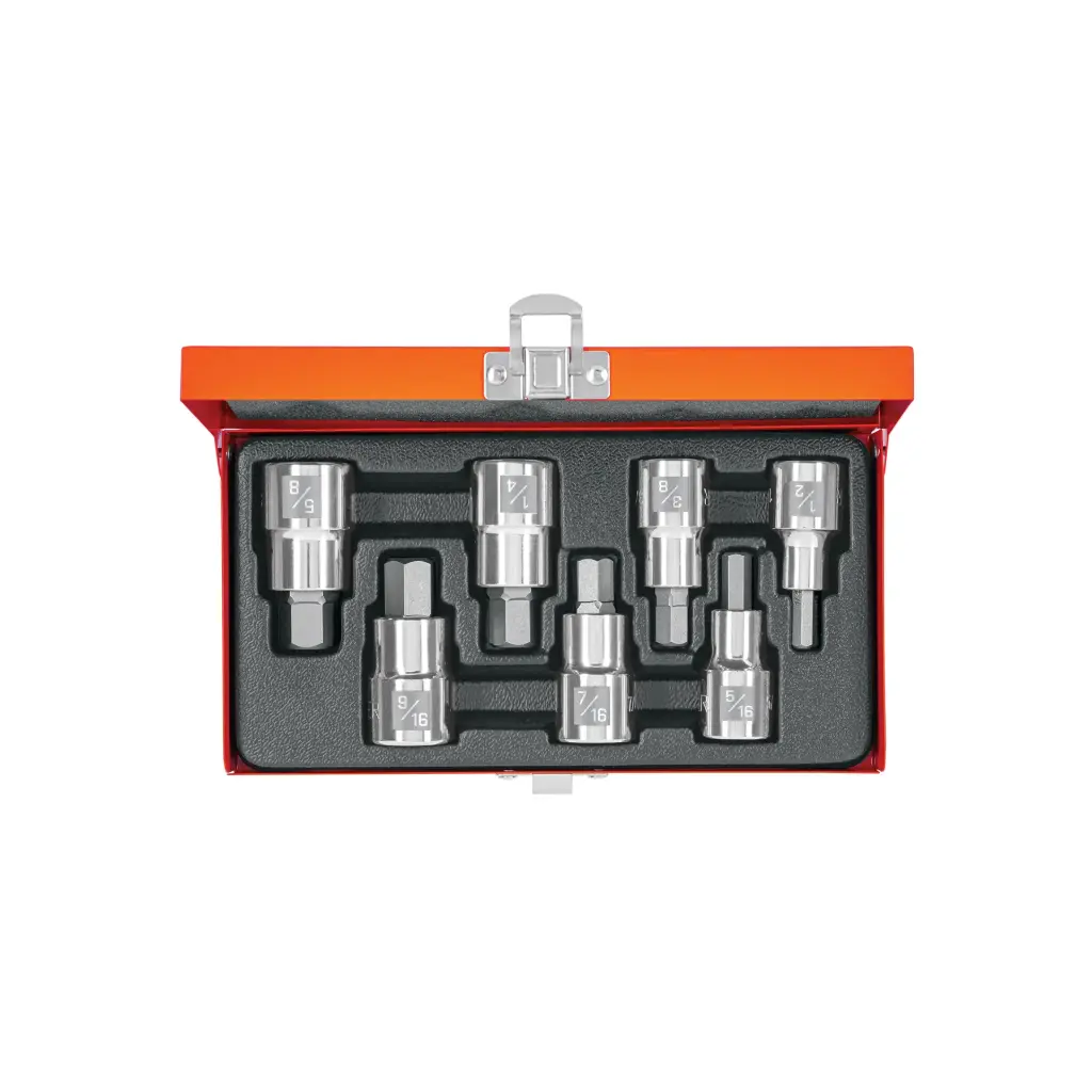 Juego de 7 dados punta hex encastre 1/2" std, estuche metálico