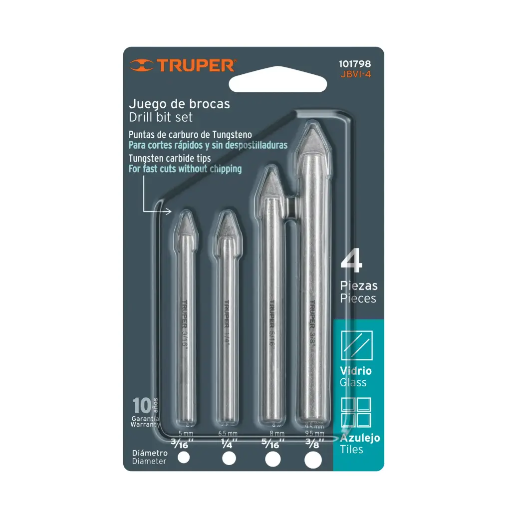 Juego de brocas para vidrio y azulejo, 4 Piezas, Truper