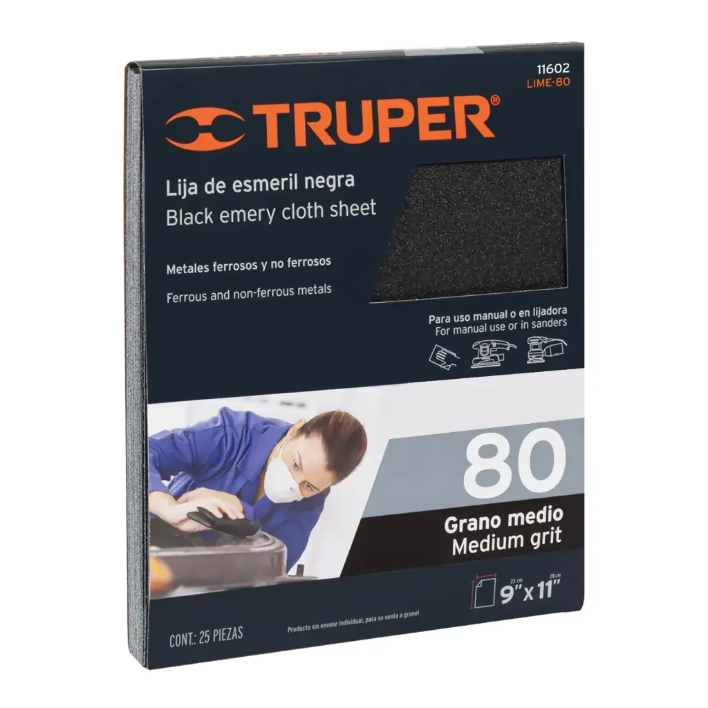 [11602] Lija de esmeril negra grano 80 de óxido de aluminio, Truper