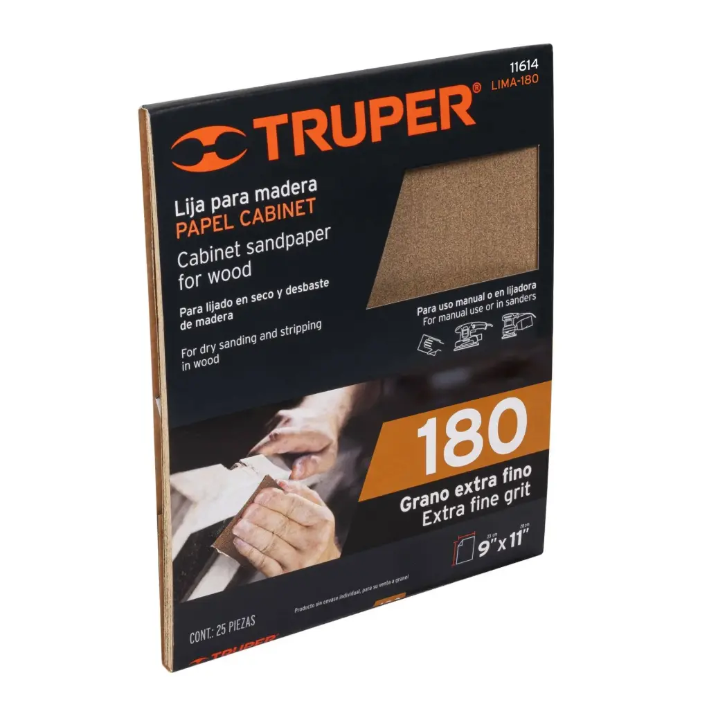 [11614] Lija para madera papel cabinet Grano 180, Truper