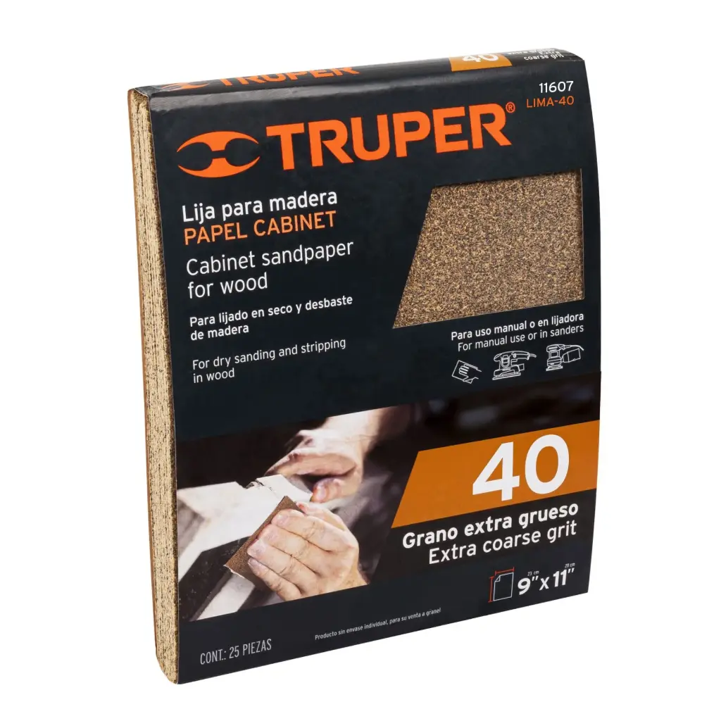 [11607] Lija para madera papel cabinet Grano 40, Truper