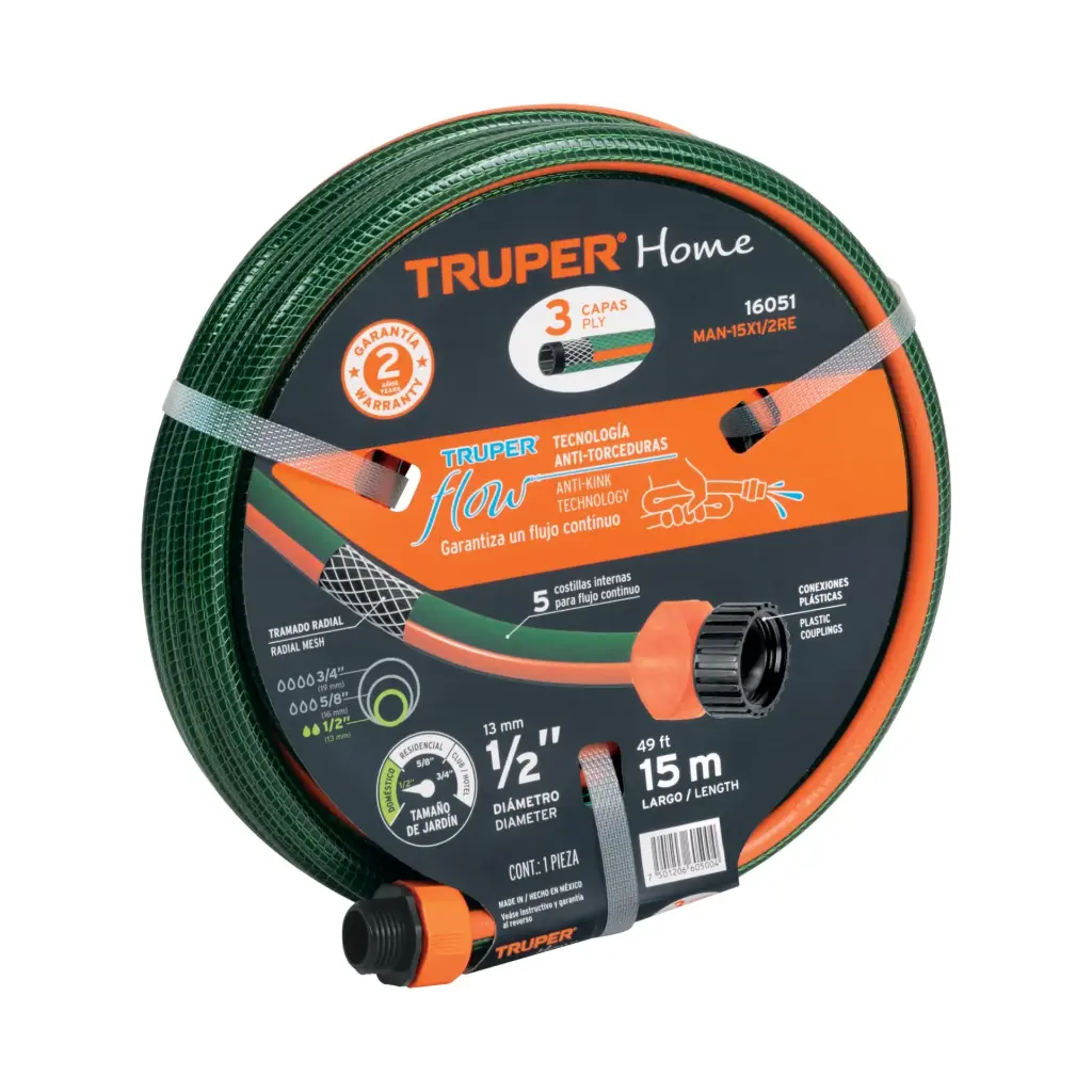 Manguera 1/2", reforzada, 3 capas, conexiones plásticas, 15 m, Truper