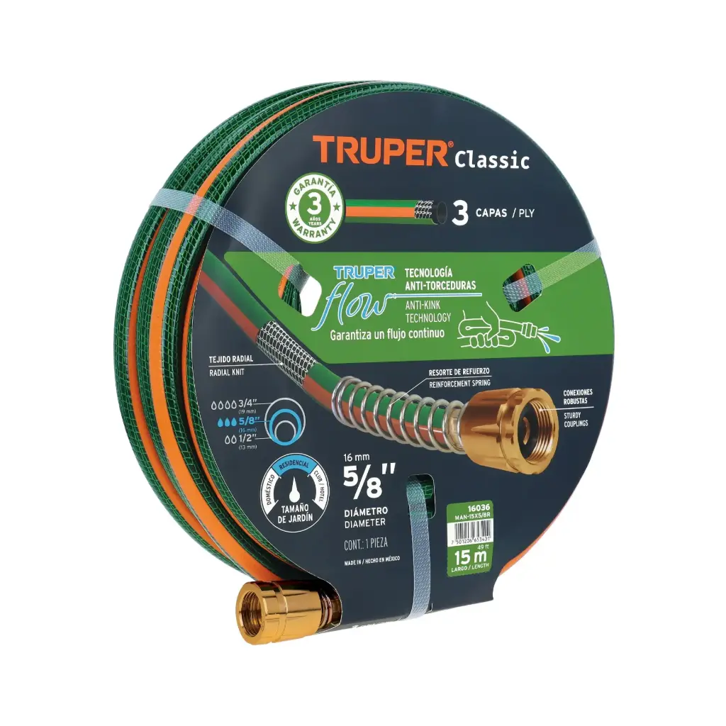 Manguera 5/8" reforzada 3 capas 15 m conexiones de metal, Truper