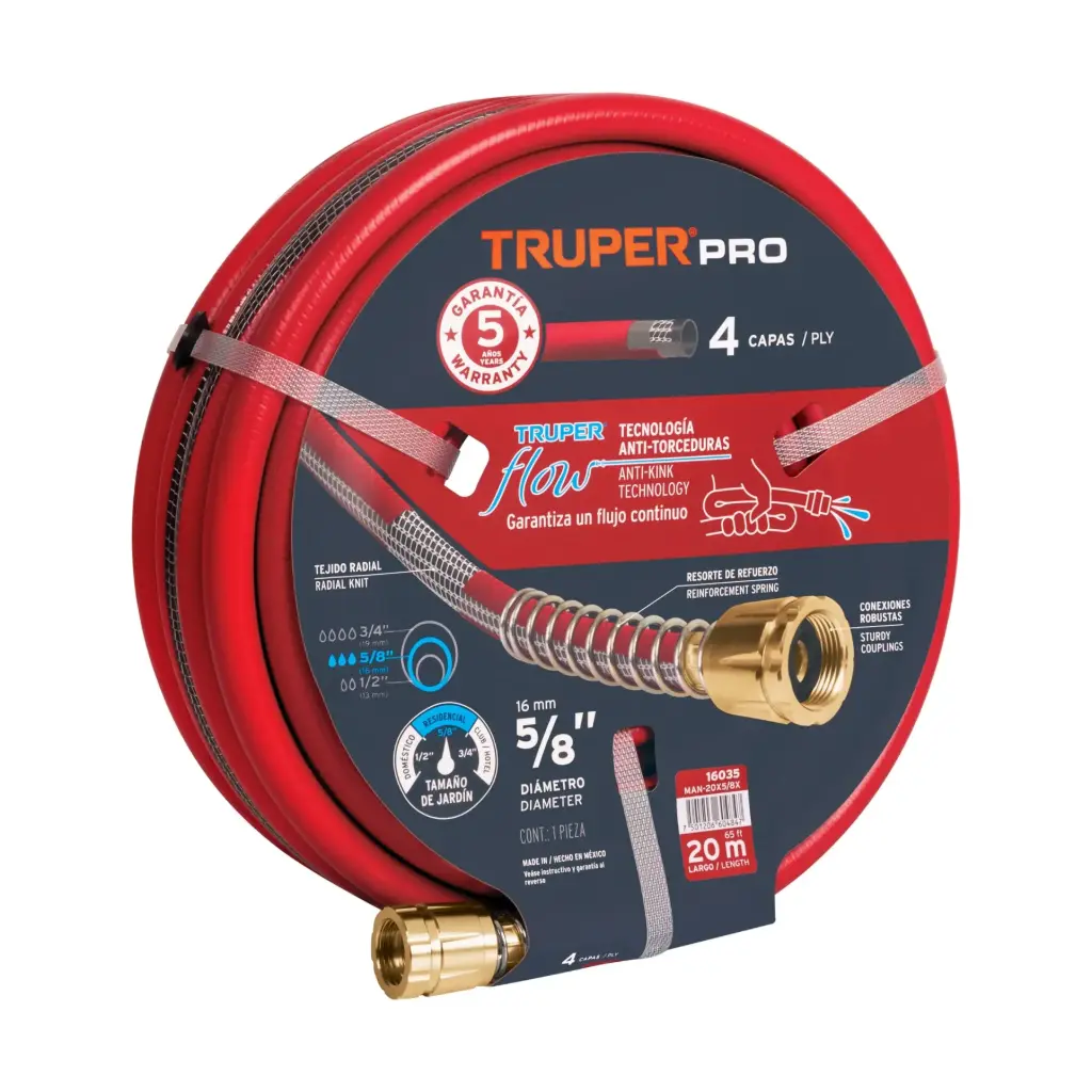 Manguera 5/8" super reforzada 4 capas 20 m conexiones metal, Truper