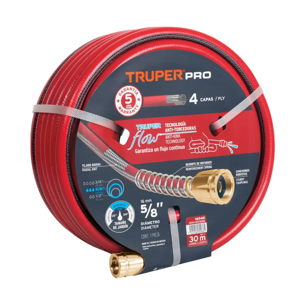 Manguera 5/8" super reforzada 4 capas 30 m conexiones metal, Truper