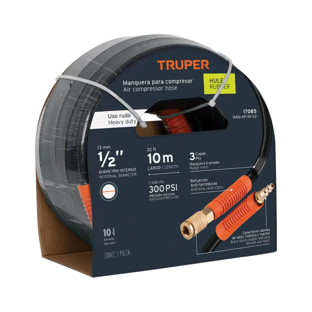 Manguera de hule, trabajo pesado 1/2" x 10m, Truper
