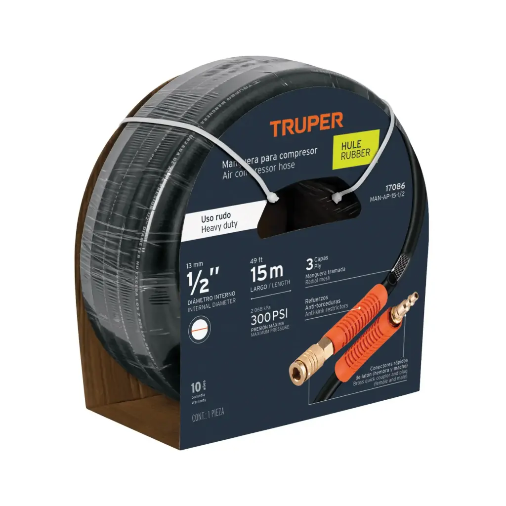 Manguera de hule, trabajo pesado 1/2" x 15m, Truper