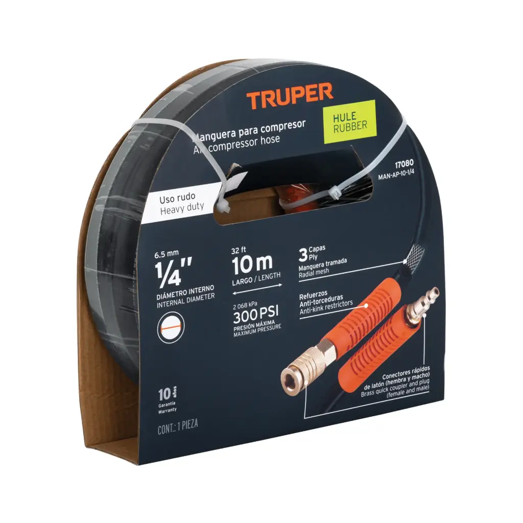 Manguera de hule, trabajo pesado 1/4" x 10m, Truper