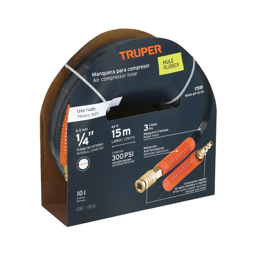 Manguera de hule, trabajo pesado 1/4" x 15m, Truper