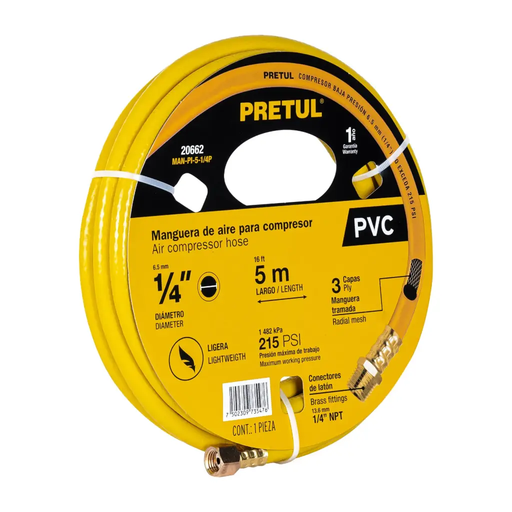 MAN-PI-5-1/4P Manguera de PVC para compresor, 5 m x 1/4', Pretul