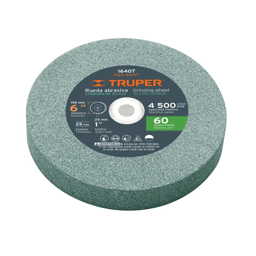 Piedras para amoladora de banco, carburo de silicio 6", grano 60, espesor 1", Truper