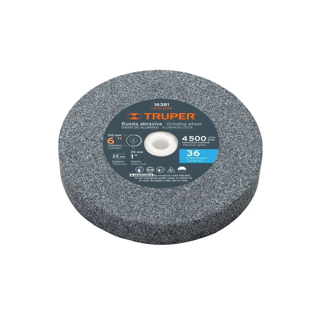 Piedras para amoladora de banco, oxido de aluminio 6", grano 36, espesor 1", Truper