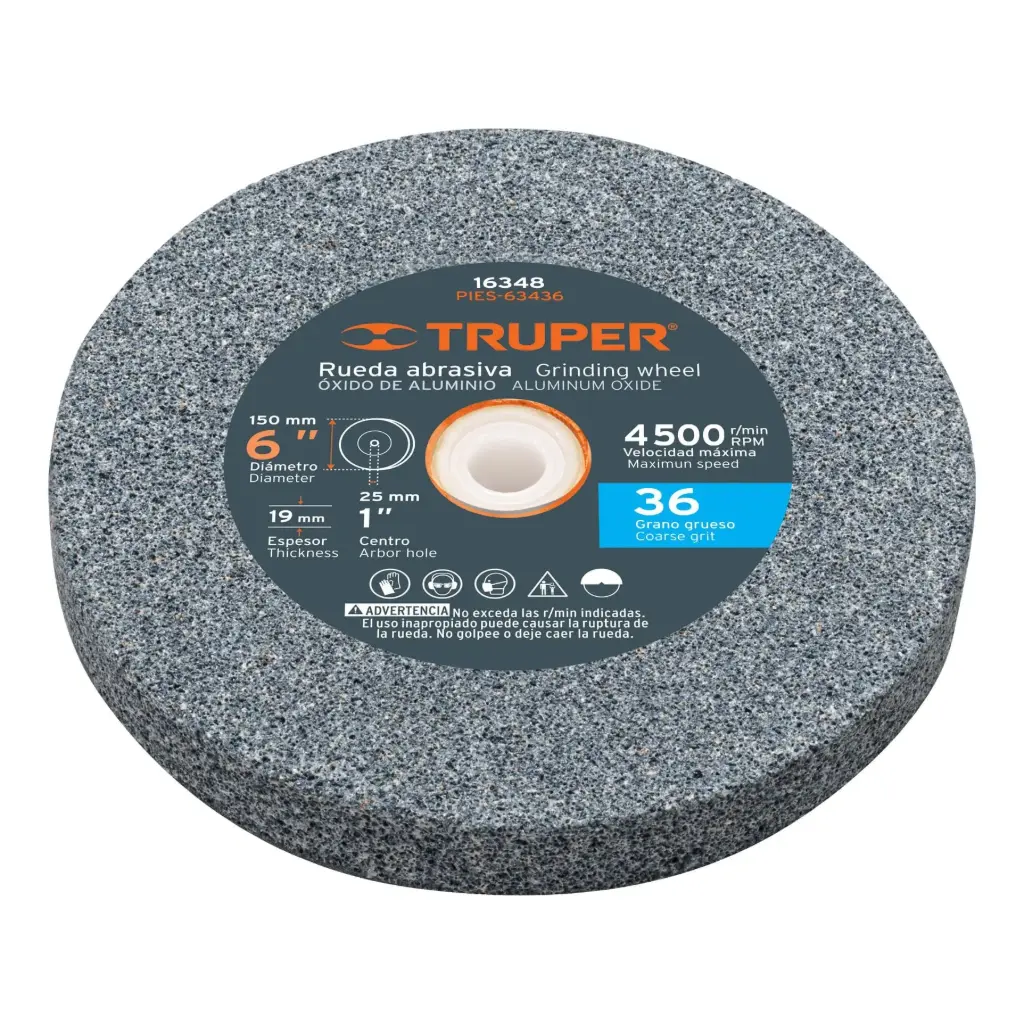 Piedras para amoladora de banco, oxido de aluminio 6", grano 36, espesor 3/4", Truper