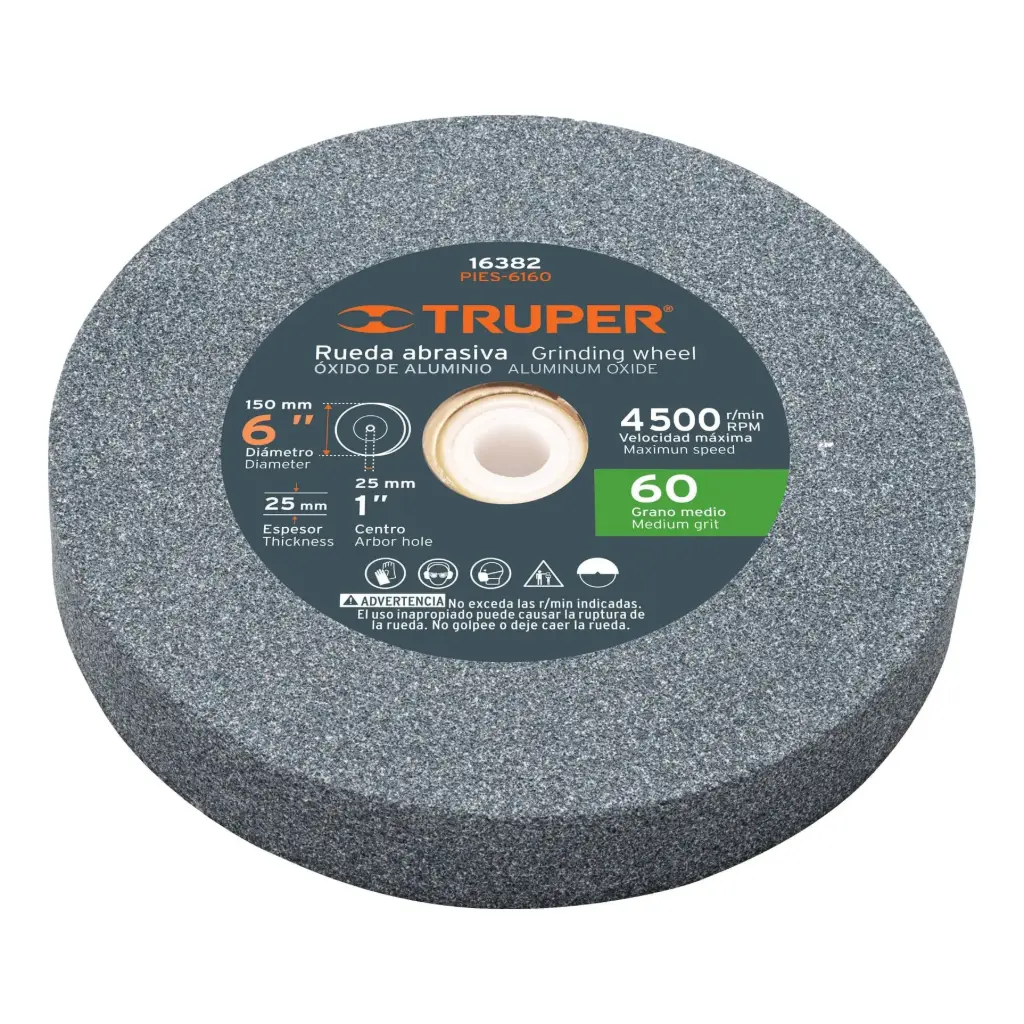 Piedras para amoladora de banco, oxido de aluminio 6", grano 60, espesor 1", Truper