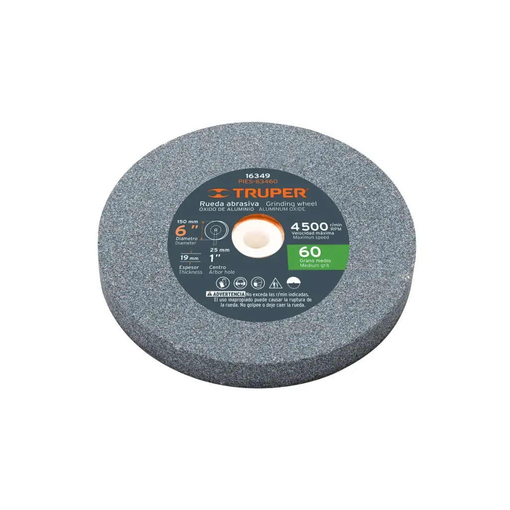 Piedras para amoladora de banco, oxido de aluminio 6", grano 60, espesor 3/4", Truper