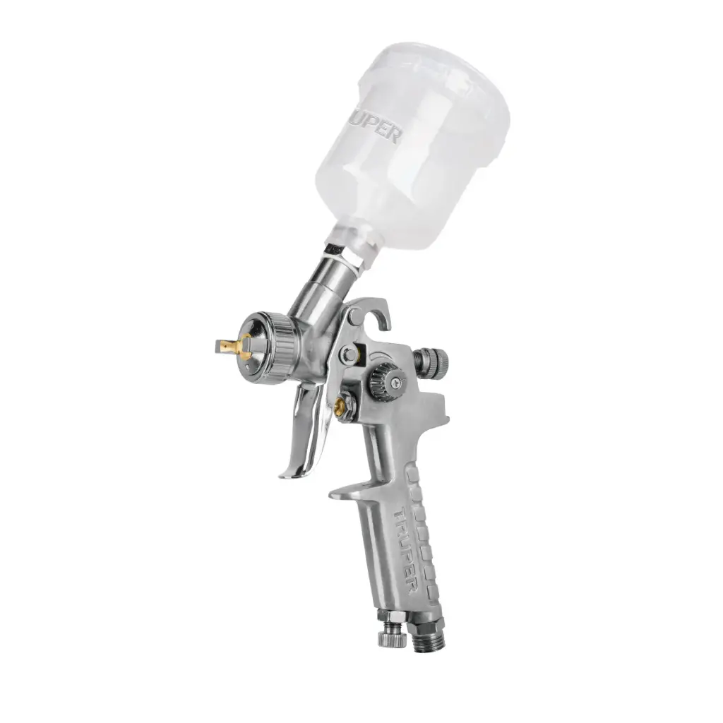 Pistola p/retoque gravedad, HVLP, vaso plástico, boquilla 1 mm, Truper