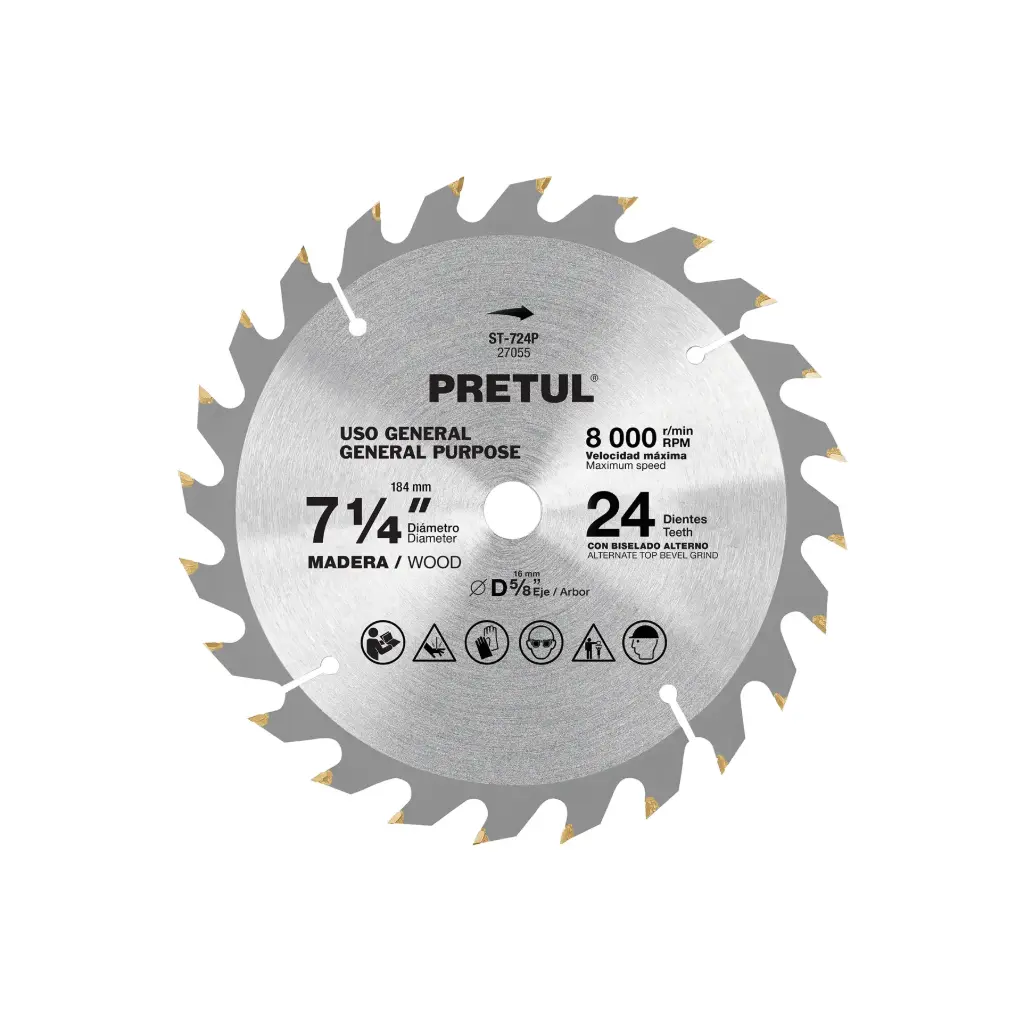 [27055] Sierra circular 7-1/4" p/madera, 24 dientes centro 5/8", Pretul