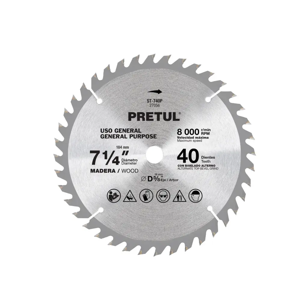 [27056] Sierra circular 7-1/4" p/madera, 40 dientes centro 5/8", Pretul