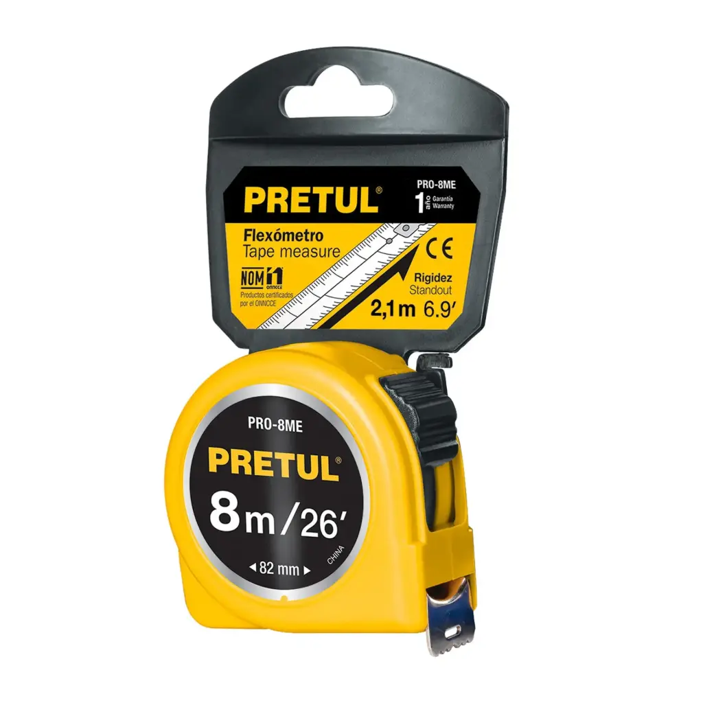 [21603] Wincha amarilla 8 m cinta 25 mm, en tarjeta, Pretul